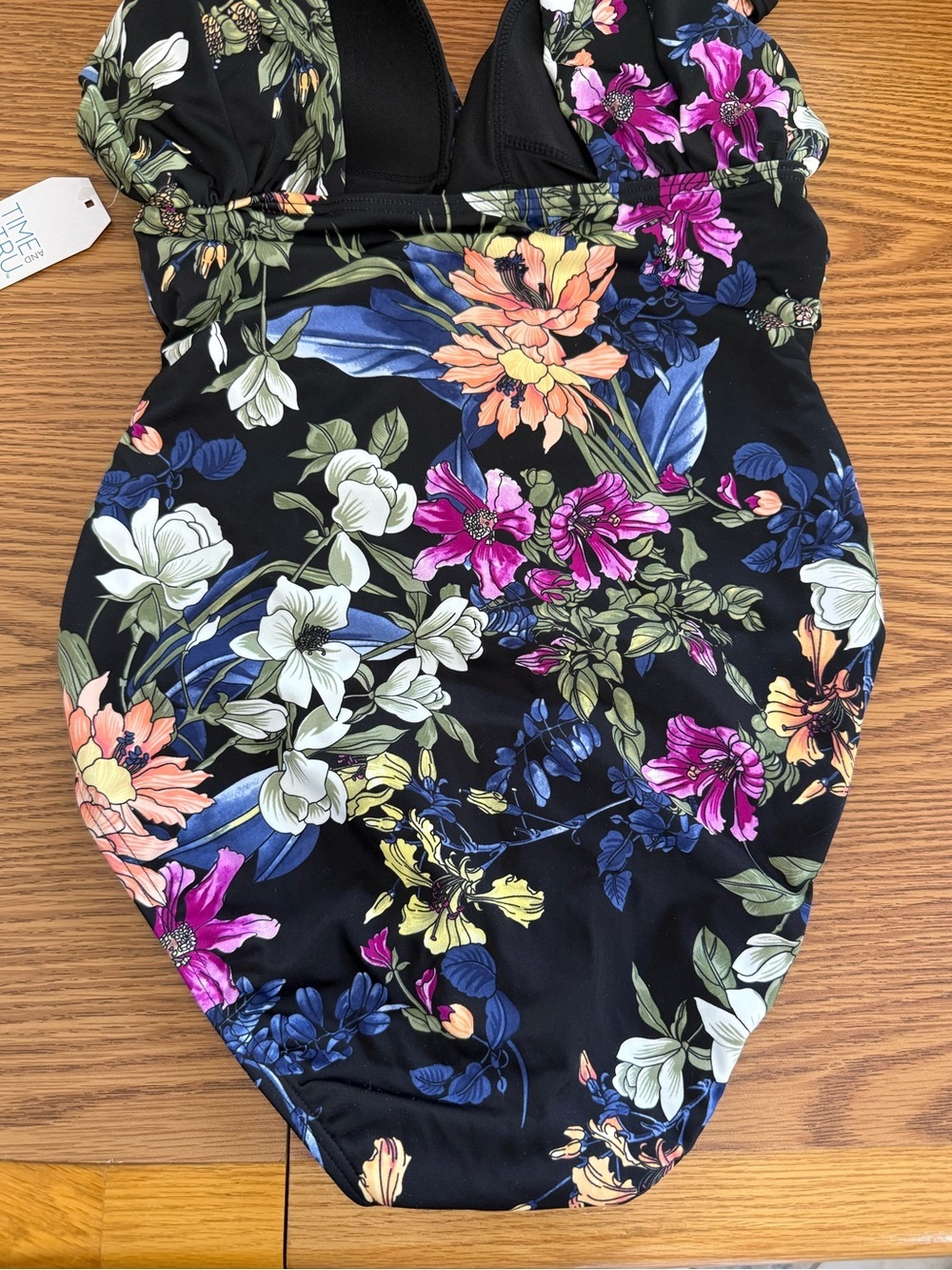 Black Floral Multi Color Swimsuit, Full Coverage, high back, Wide Straps, NWT - Picture 6 of 16